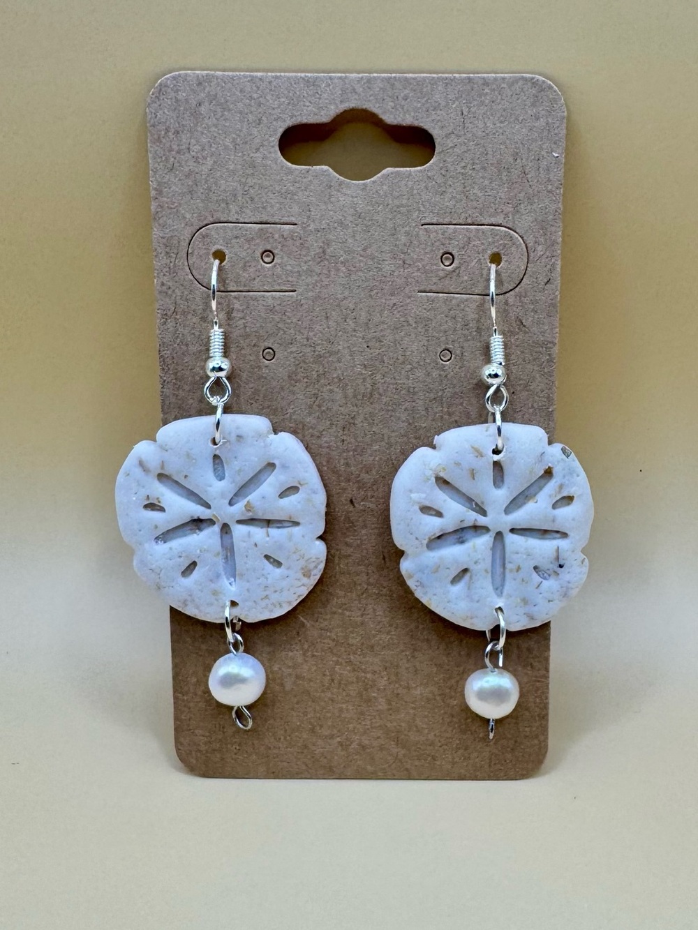 White Sand Dollar Drop Earrings with Pearl Accent
